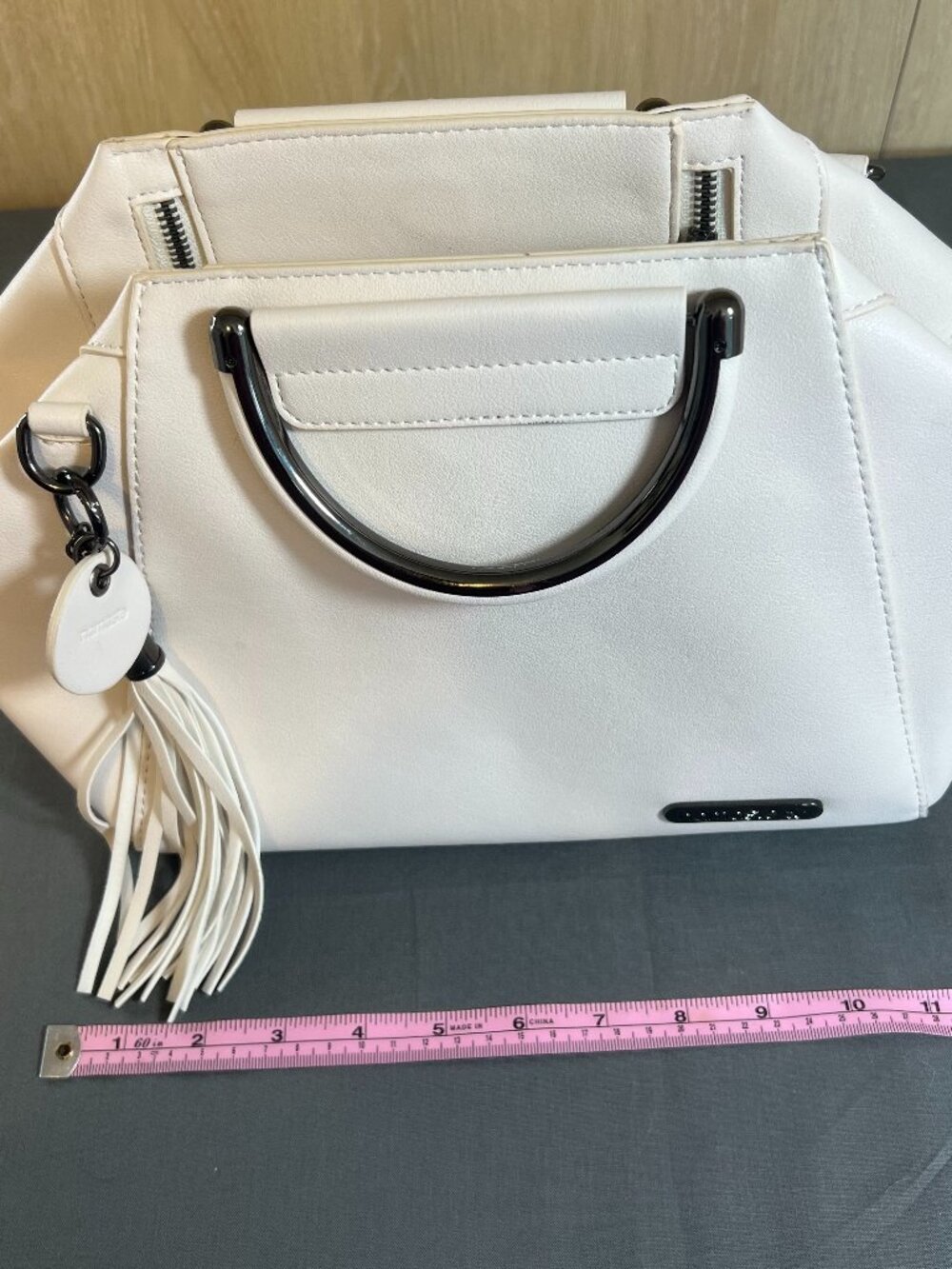 Namaste White Vegan Leather Structured Satchel – Gunmetal Hardware – Tassel Char
